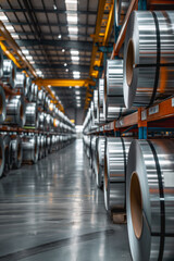 Obraz premium Aluminum or stainless steel coils on metal racks and shelves in an industrial warehouse. This image is suitable for displaying the scale of production, storage and industrial materials.