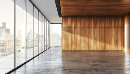 Fototapeta premium modern empty wooden office wall with right side glass windows no in center