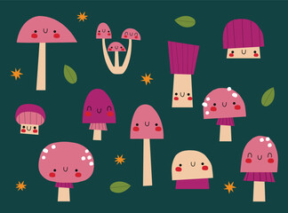 Cute mushrooms characters. Funny anthropomorphic fungi. Cartoon forest organisms with faces . Autumn. 