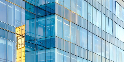 Minimalistic composition: Close-up of a modern office building facade with reflective glass windows, showcasing geometric patterns and contemporary architecture.