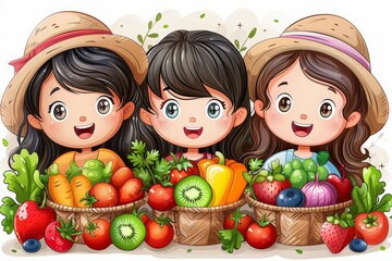 Artwork depicting three kids holding baskets full of colorful fruit