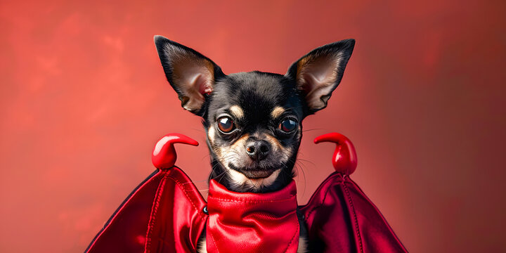 Adorable perro chihuahua color negro en un fondo rojo aislado vestido o disfrazado de diablo por hallowen 