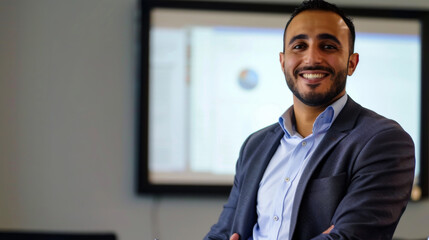 Fototapeta premium Happy Arab man speaking at a conference in a boardroom in a modern office. A young man of Muslim appearance works in a bright office. Public speaking concept.