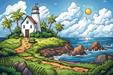 An illustration featuring a lighthouse on a lush island with palm trees and the ocean at sunset