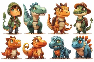 A collection of cute dinosaur characters showcasing various expressions and outfits