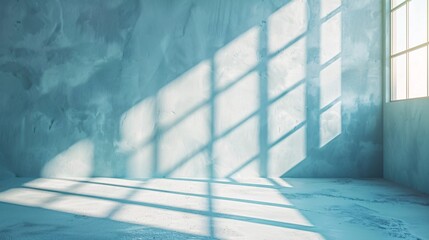 Obraz premium Minimal abstract light blue background for product presentation. Shadow and light from windows on plaster wall.