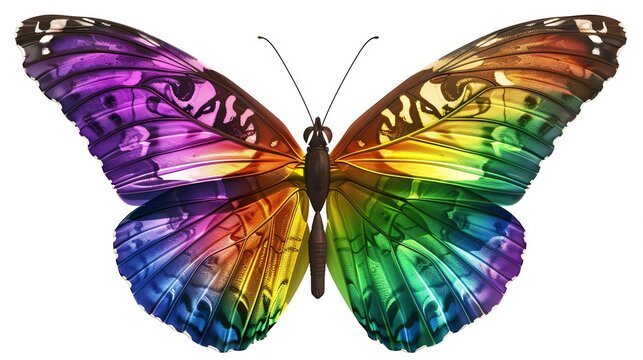 Brown Argus Butterfly in vivid rainbow hues with wings open, celebrating LGBTQIA pride and diversity