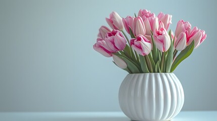 Obraz premium Pink Tulips in White Vase, Minimalist Floral Arrangement, Fresh Spring Blossoms, Home Decor, Copyspace for Text, Elegant Flower Display