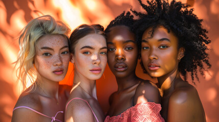 Fototapeta premium Portrait of multiracial women looking at the camera on a sunny day against a bright background. Beautiful women in casual clothes walk outdoors. Fashion, style and beauty concept.