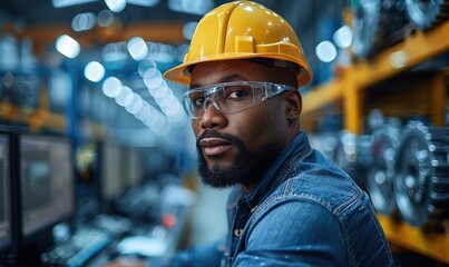Afro American worker at factory. Employee is wearing the safety helmet and safery googles glasses