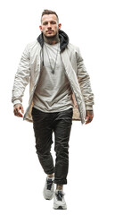 Isolated walking handsome young man wearing casual clothes, png,cutout on transparent background, ready for architectural visualisation