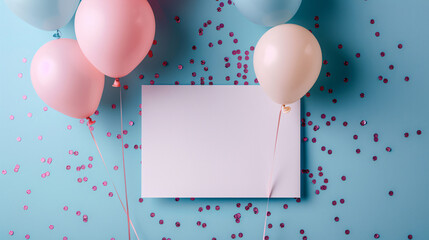 Birthday card mockup, on a blue background with balloons