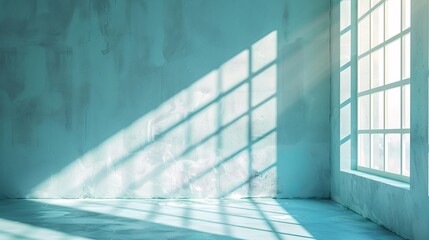 Minimal abstract light blue background for product presentation. Shadow and light from windows on plaster wall.