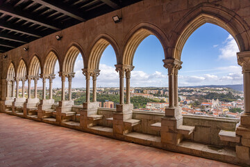 Historic arched balcony with panoramic view of Leiria, Portugal