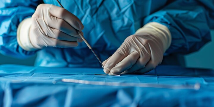 Minimalistic composition: The surgeon's hands in latex gloves and blue uniforms hold special medical instruments during laparoscopic surgery. Treatment of proctological diseases.