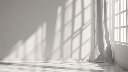 Obraz premium Minimalistic abstract gentle light grey background for product presentation with light and shadow of window curtains on wall.