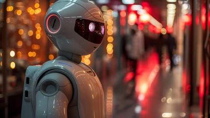 A white humanoid robot, Costaposta, stands in a public setting, likely a hospital or medical facility, monitoring patients. The robot is looking towards the right of the frame, its face and eyes