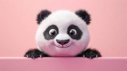 Fototapeta premium front view of a panda cub animal hiding behind a pink wall with cute expression with soft black and white fur, round body shape, and big bright eyes