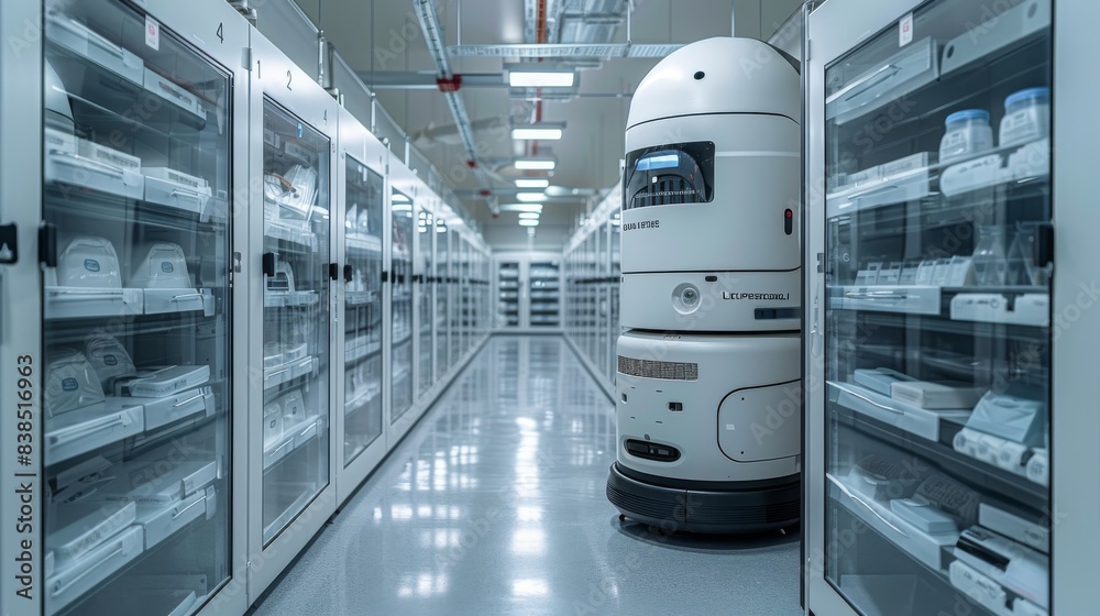 Poster a white robot navigates an automated storage and retrieval system in a warehouse.