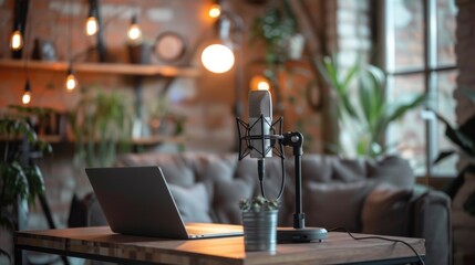 A laptop sitting on a table with microphone and lamp, AI