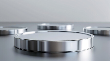 A silver podium platform for product presentation in front of a minimalistic background