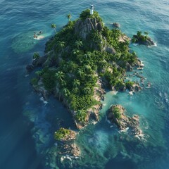 an island with palm trees and a lighthouse in the middle of the ocean

