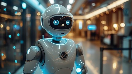 Fototapeta premium A close-up shot of a white humanoid robot with blue lights in a modern office setting, suggesting its use in telehealth consultations.