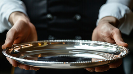 A man holding an empty silver tray, space for product or food presentation close-up