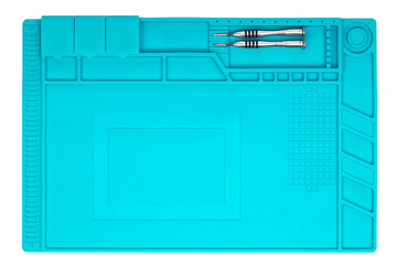 Blue Silicone Work Mat with Tools. Top view.