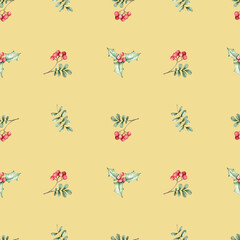 Seamless pattern with watercolor leaves and red berries