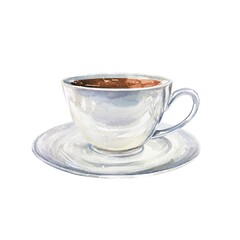 Cup with coffee, saucer. Watercolor illustration isolated on white background. Cards, invitations, banners, posters, cafe menus, bakeries, restaurants