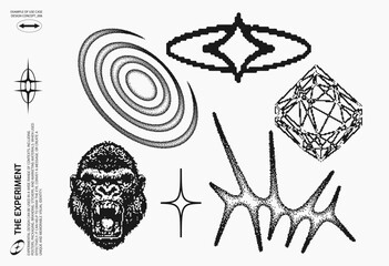 Abstract Brutalism Vector Set. Cyberpunk Geometric Design Elements, bitmap pixelated Y2K shapes.