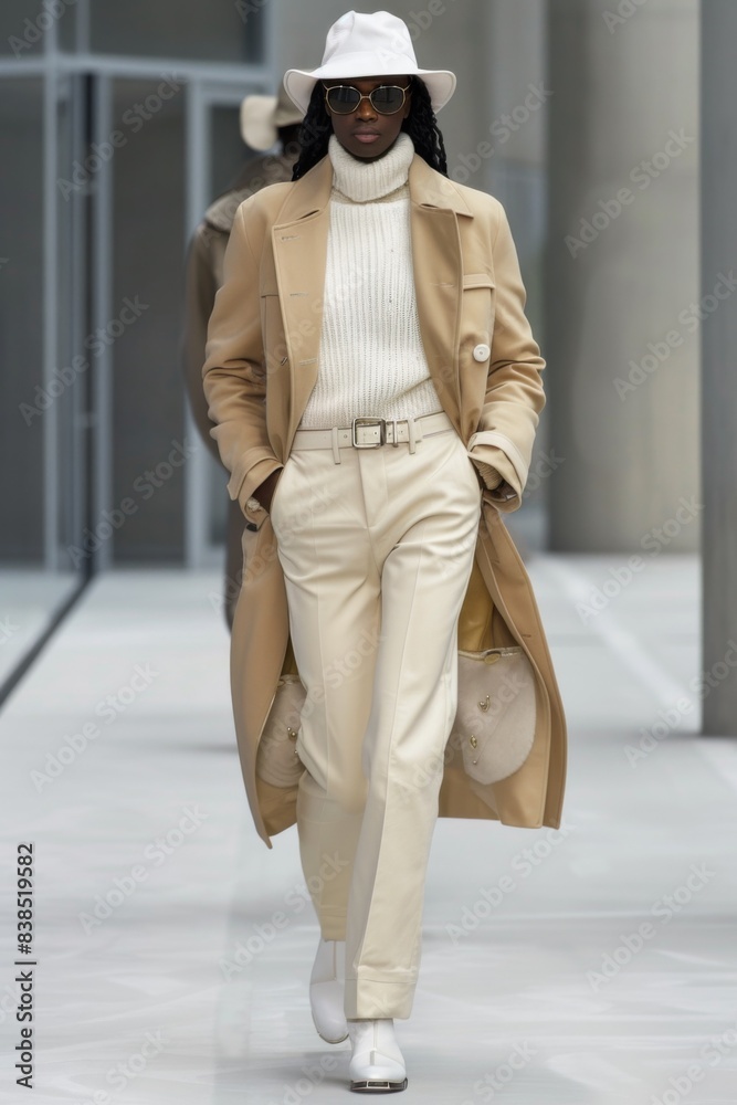 Sticker A man in a white hat and coat walking down the runway, AI