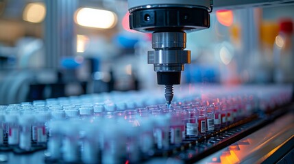 A robotic arm automates repetitive tasks in a laboratory setting, dispensing liquid into test tubes as they move along a conveyor belt.