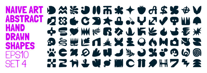 Set of silhouettes minimalistic bizarre abstract geometric unusual shapes and forms in matisse art style, Hand drawn monochrome primitive, Big vector doodle objects and graphic elements, set 4