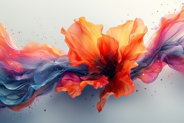 An abstract illustration of a vibrant orange flower with splashing color effects and fluid dynamics