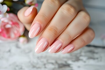 a woman's hand with a pink manicure and a flower arrangement in the background