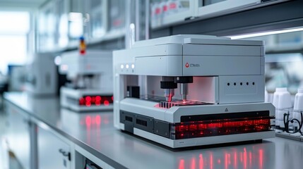 A white Costaposta robot is shown performing tasks on a lab bench in a sterile laboratory environment.
