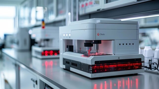 A white Costaposta robot is shown performing tasks on a lab bench in a sterile laboratory environment.
