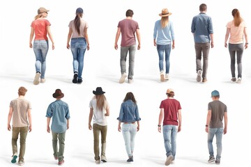 Fototapeta premium Diverse group of people in casual attire, viewed from behind, walking isolated on white