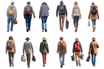 Fototapeta premium A diverse people walks with bags and hats against a white background, showcasing urban style