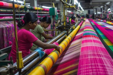 Industrial textile factory merges tradition with modernity, as workers skillfully weave vibrant fabrics on looms
