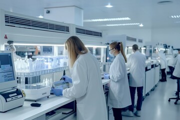 Obraz premium Scientists in modern laboratory conduct research, analyzing samples and advancing medicine with cutting-edge technology