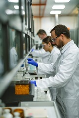 Obraz premium A bustling laboratory scene with scientists conducting research in medicine, chemistry, and biotechnology using advanced equipment