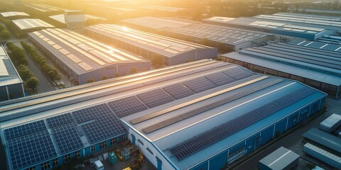 An eco-friendly factory complex integrating solar panels, fostering sustainable production amidst modern industrial architecture