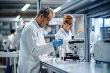 Dedicated scientists in lab collaborate on medical breakthroughs, analyzing samples with advanced technology