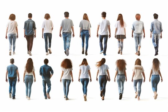 A diverse set of stylish individuals showcase casual denim fashion against a white background