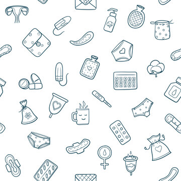 Seamless pattern of menstrual period elements and woman items in doodle sketch. Various feminine hygiene products, menses protection icons in continuous print. Isolated outline vector illustration