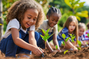 A diverse group of young children joyfully planting saplings in a garden, demonstrating teamwork and a love for nature. focused and smiling, with green leaves and soil ,a hands-on gardening activity.