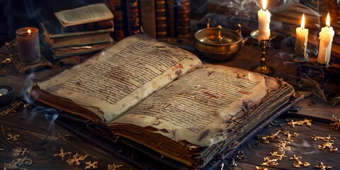 book with a lot of writing on it sitting on a table with candles